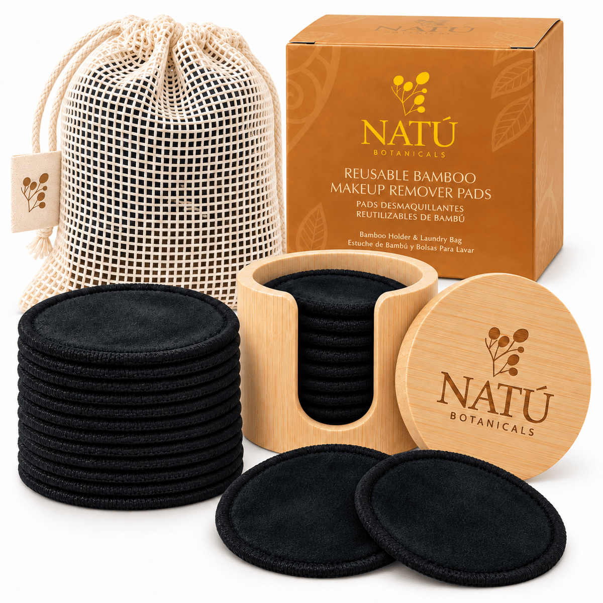 Reusable Bamboo Makeup Remover Pads – 20 Pads with Bamboo Holder & Laundry Bag - Natu Botanicals