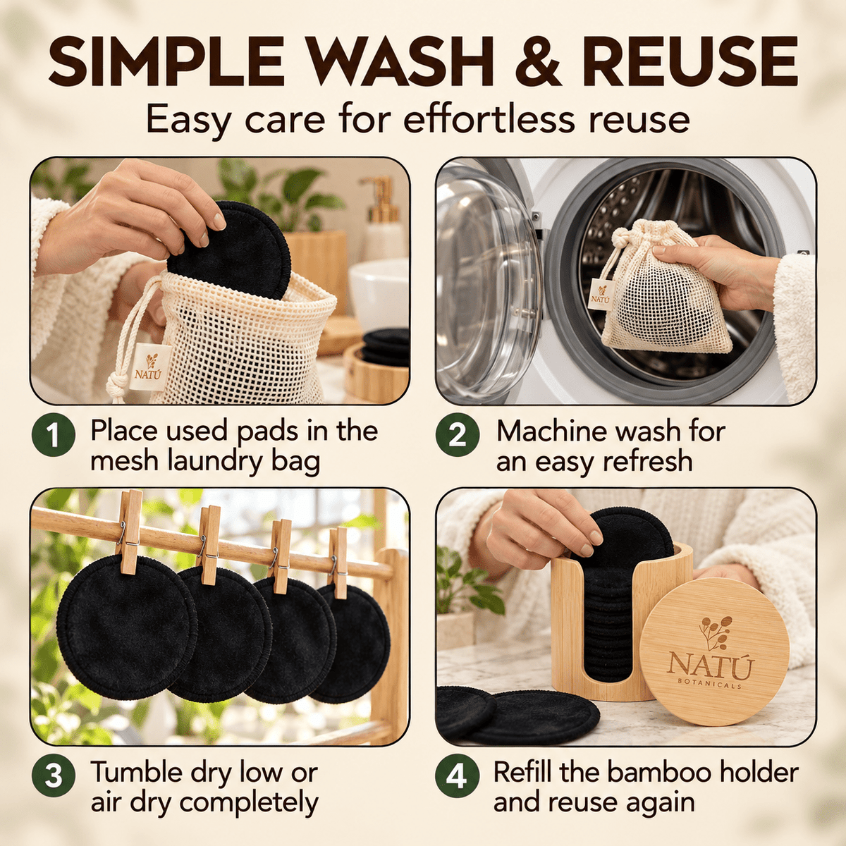 Reusable Bamboo Makeup Remover Pads – 20 Pads with Bamboo Holder & Laundry Bag - Natu Botanicals