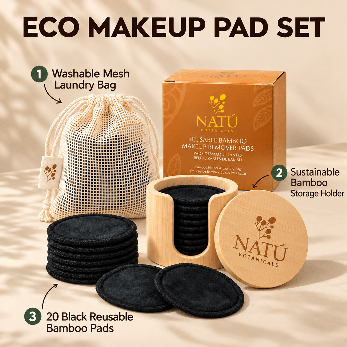 Reusable Bamboo Makeup Remover Pads – 20 Pads with Bamboo Holder & Laundry Bag - Natu Botanicals